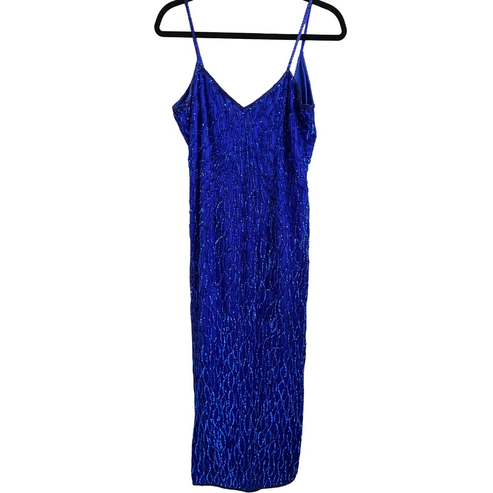 Laurence Kazar Vintage Royal Blue Beaded Sequin Maxi Dress Evening Gown PL NWT